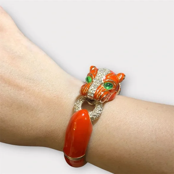 Coral Enamel Lion Head Cuff Bangle Bracelet - Picture 2 of 4